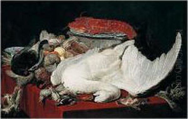 Still Life Of A Swan, A Lobster 
On A Blue And White Porcelain Plate, Strawberries In A Blue And White 
Porcelain Bowl, Fruit, Asparagus And An Artichoke, Dead Fowl, All On A 
Table Covered With A Red Cloth, A Cat On The Left Oil Painting by Paul de Vos