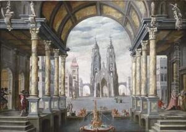 A Capriccio With Elegant Figures
 In An Arched Colonnade, A Town Square And A Church Beyond Oil Painting by Hans Vredeman de Vries
