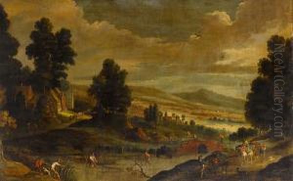 An Extensive River Landscape 
With Fishermenand Their Nets In The Foreground And Travellers On A 
Bridgebeyond Oil Painting by Cornelis de Wael