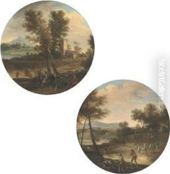 A Wooded River Landscape With 
Drovers At Rest; And A Wooded River Landscape With A Hunting Party In 
The Foreground, An Outbuilding Beyond Oil Painting by Cornelis de Wael