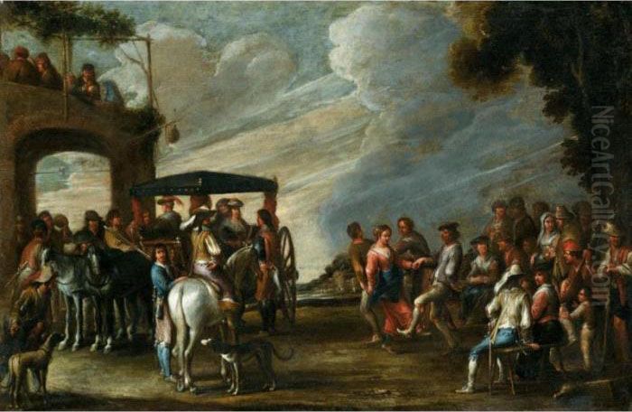 A Landscape With Ladies 
Descending From A Carriage Before A Tavern, Together With Figures 
Merrymaking And Dancing Oil Painting by Cornelis de Wael