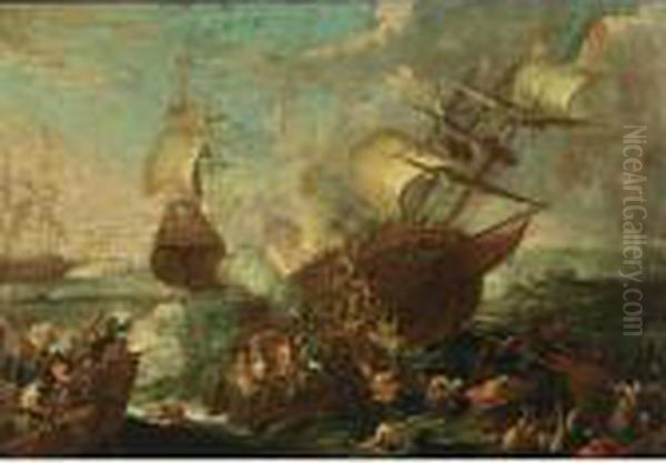A Naval Battle Scene With 
Ottoman And Christian Soldiers Fighting Aboard A Ottoman Ship, Other 
Shipping Beyond Oil Painting by Cornelis de Wael