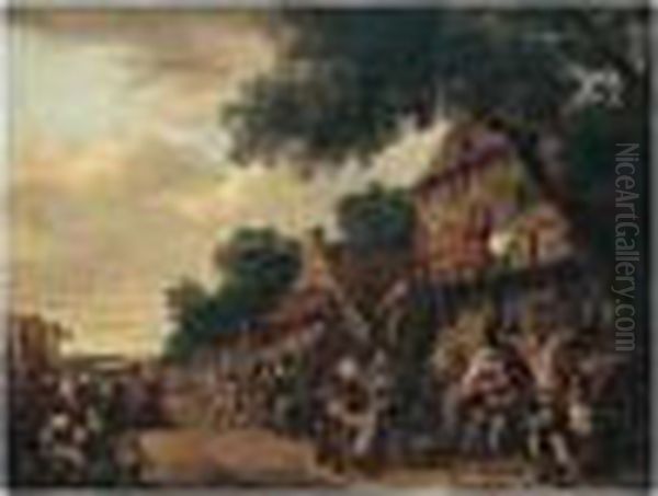 A Crowded Village Scene With 
Figures Drinking Before An Inn, A Play Being Staged On The Left Oil Painting by Gillis de Winter