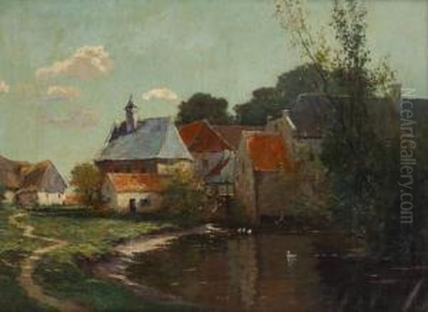 Canards Au Bord Du Village Oil Painting by Prosper De Wit