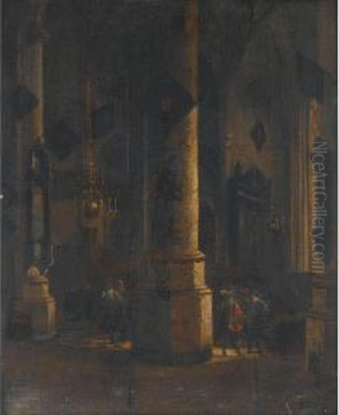 A Church Interior With Elegant Figures Conversing Oil Painting by Emanuel de Witte