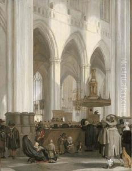 The Interior Of The Nieuwe Kerk,
 Amsterdam, Looking North-east, With A Sermon In Progress Oil Painting by Emanuel de Witte