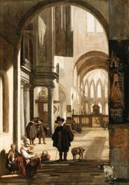 The Interior Of A Gothic Church,
 Looking Down The Aisle To Thechoir, With A Family Begging For Alms Oil Painting by Emanuel de Witte