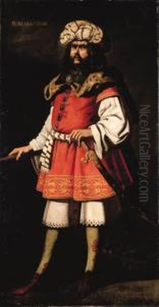 Portrait Of King Almanzor, 
Full-length, In A Red Tunic And Fur Cape, A Sword In His Left Hand Oil Painting by Francisco De Zurbaran