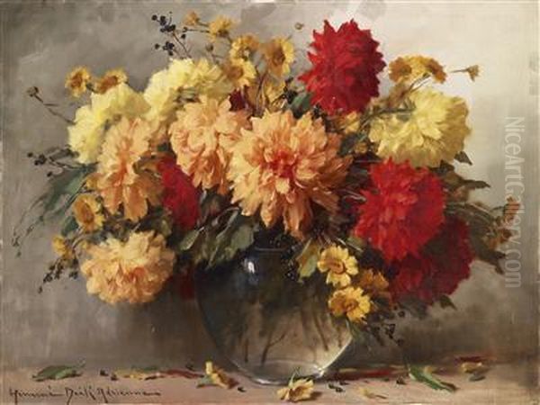 Large, Decorative Still Life With Dahlias Oil Painting by Adrienne Hermine Deak-Henczne