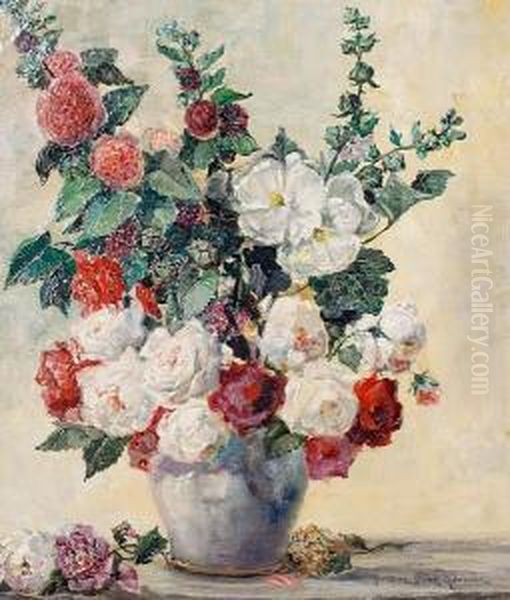 Still Life Of Roses In A Vase Oil Painting by Adrienne Hermine Deak-Henczne