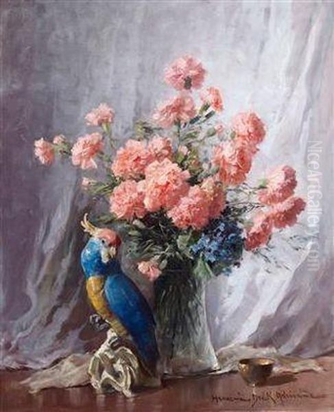 Nelken In Vase Mit Papagei Oil Painting by Adrienne Hermine Deak-Henczne