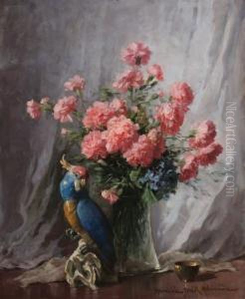 Szegfus Csendelet Porcelan Papagajjal Oil Painting by Adrienne Hermine Deak-Henczne