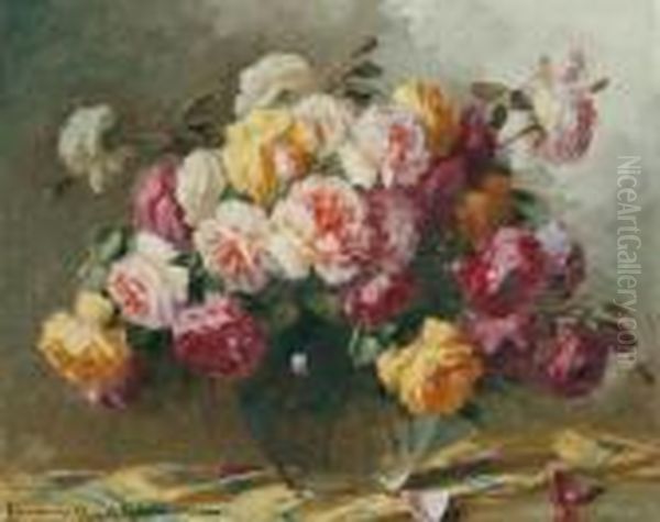 Roses In A Vase Oil Painting by Adrienne Hermine Deak-Henczne