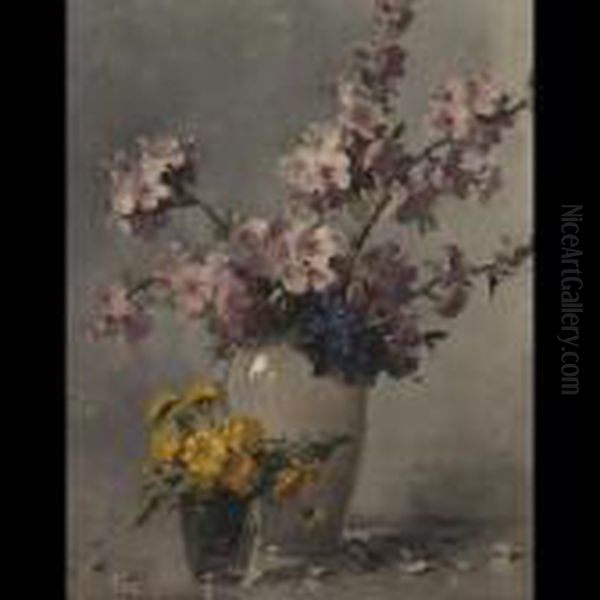 Vase Of Blossoms Beside A Glass Jar Of Marigolds Oil Painting by Adrienne Hermine Deak-Henczne