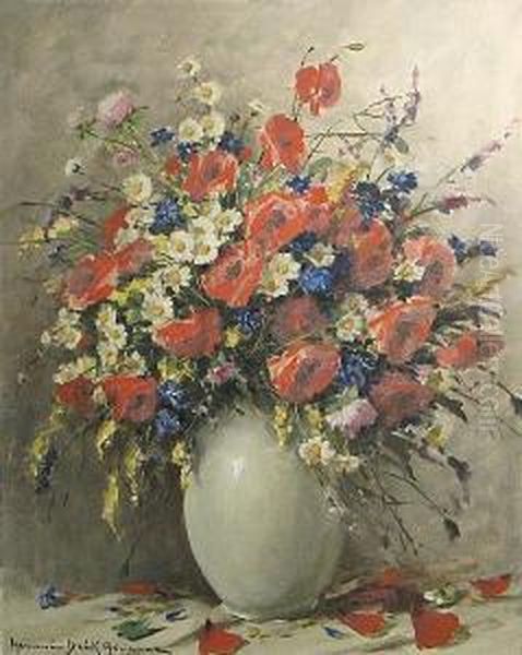 A Still Life With Daisies And Other Flowers In A Vase Oil Painting by Adrienne Hermine Deak-Henczne