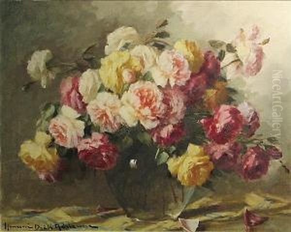A Rose Bouquet In A Glass Vase Oil Painting by Adrienne Hermine Deak-Henczne