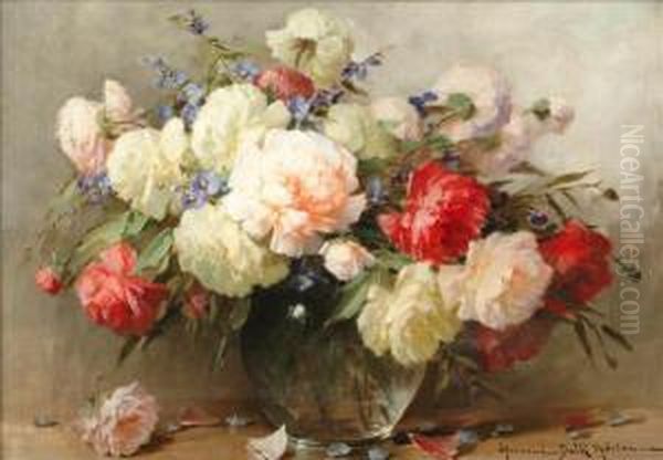 Still Life Witha Vase Of Peonies And Other Flowers Oil Painting by Adrienne Hermine Deak-Henczne