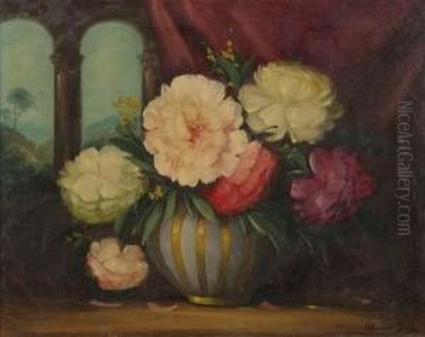 Flowers With Columns Oil Painting by Adrienne Hermine Deak-Henczne