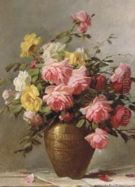 Roses In A Vase Oil Painting by Adrienne Hermine Deak-Henczne
