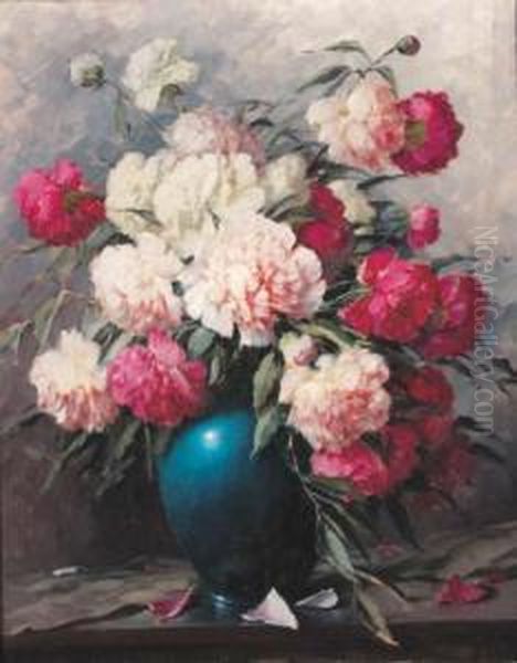 Peonies In A Blue Vase Oil Painting by Adrienne Hermine Deak-Henczne