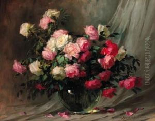 Roses In A Glass Vase Oil Painting by Adrienne Hermine Deak-Henczne