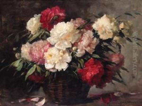 Peonies In A Basket Oil Painting by Adrienne Hermine Deak-Henczne