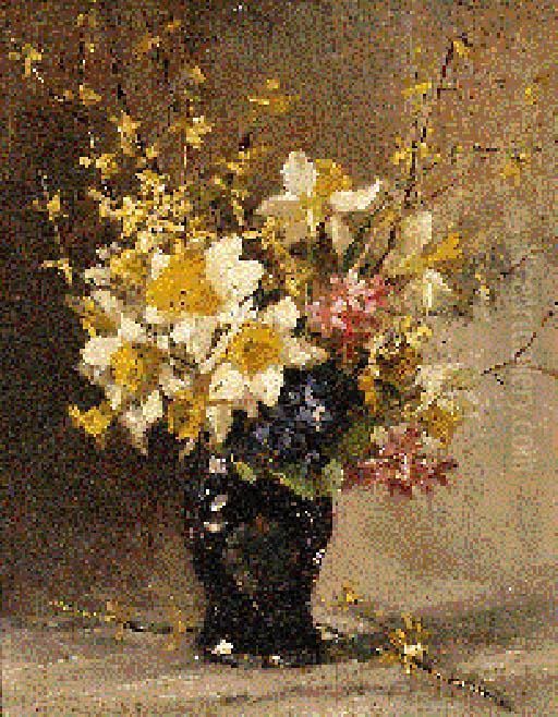 Daffodils, Mimosa And Blossom In A Vase Oil Painting by Adrienne Hermine Deak-Henczne