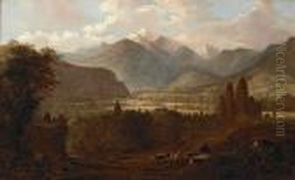 A Valley Landscape With Cattle And Snow-capped Mountains Beyond Oil Painting by Edwin Deakin