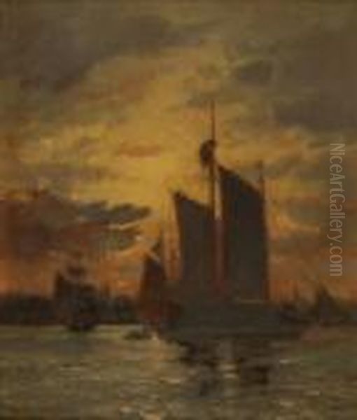 Becalmed Boat At Sunset Oil Painting by Walter Lofthouse Dean