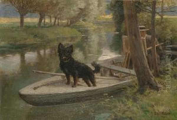 A Dog With An Artist At Work On A Punt Oil Painting by Edouard Bernard Debat-Ponsan