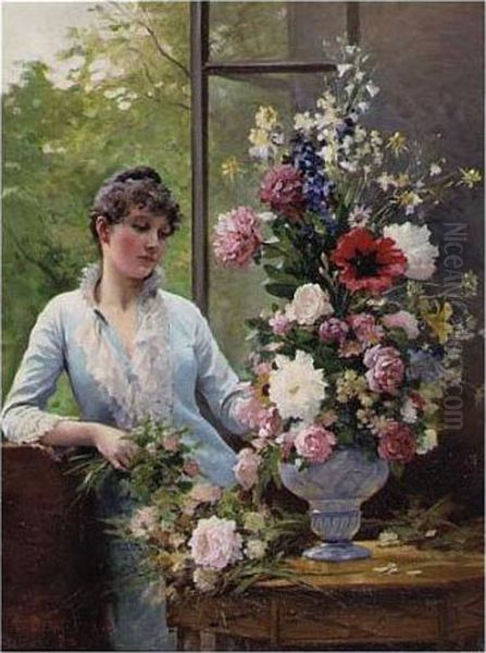 Preparing The Flower Arrangement Oil Painting by Edouard Bernard Debat-Ponsan