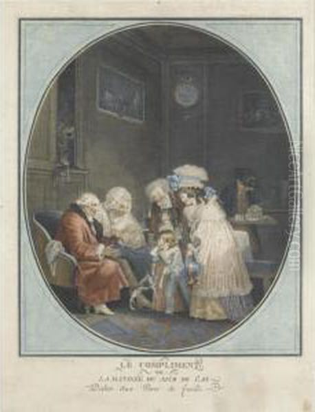 Le Compliment; And Les Bouquets (fenaille 15&16) Oil Painting by Philibert-Louis Debucourt