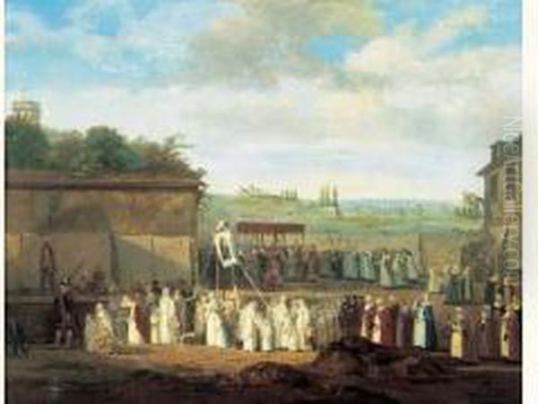 Une Procession Dans Un Village Des Environs De Paris. (louvre-en-parisis ?). Oil Painting by Philibert-Louis Debucourt
