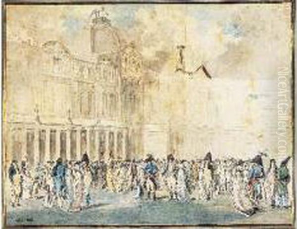 Assemblee D'hommes Et De Femmes Dans La Cour Du Palais Royal A
 Paris Oil Painting by Philibert-Louis Debucourt