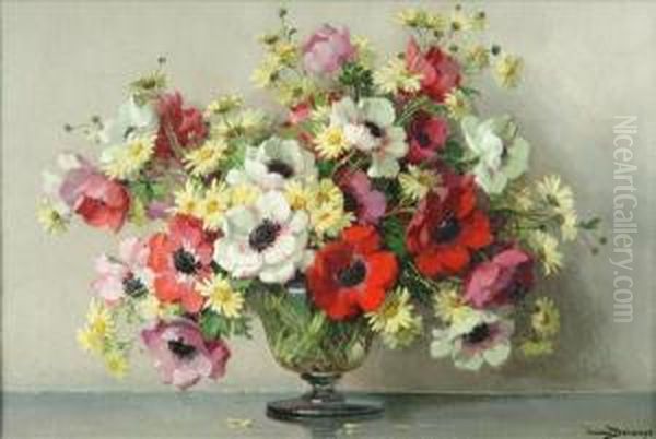 Poppies Anddaisies In A Glass Vase Oil Painting by Maurice Decamps