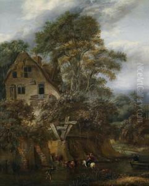 Paesaggio Boschivo Con Un Mulino E Varie Figure Accessorie Oil Painting by Cornelius Decker