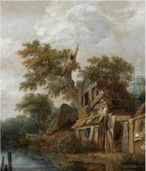 A Wooded Landscape With A 
Farmstead On The Banks Of A River, A Figure Entering The Cottage Oil Painting by Cornelius Decker