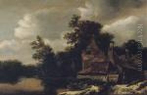 A Wooded River Landscape With A 
Peasant Carrying Buckets Outside A Cottage, A Fisherman In A Boat Nearby Oil Painting by Cornelius Decker