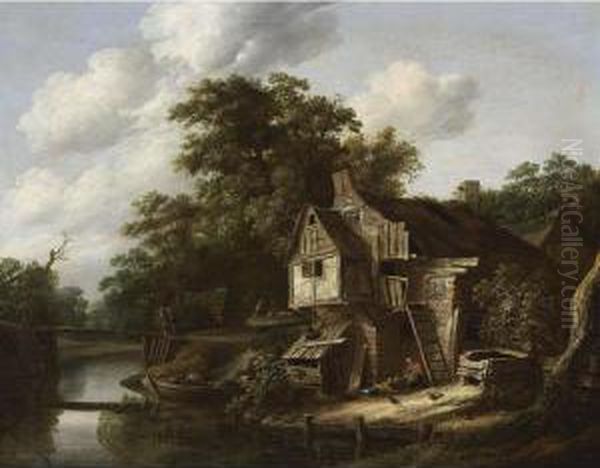 A Farmstead Near A Stream, With A
 Fisherman In A Rowing Boat, A Couple Crossing A Bridge And Figures Near
 A Farm Oil Painting by Cornelius Decker