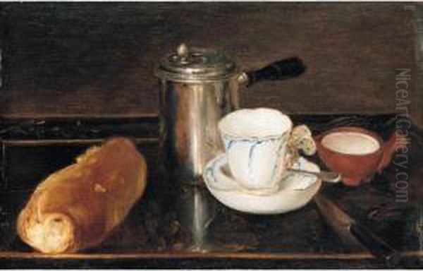 A Still Life Of A Silver 
Cafetiere With A Vincennes Porcelain Cup And Saucer, A Little Jug Of 
Milk, A Bread Roll And A Knife On A Tray Oil Painting by Leonard Defrance