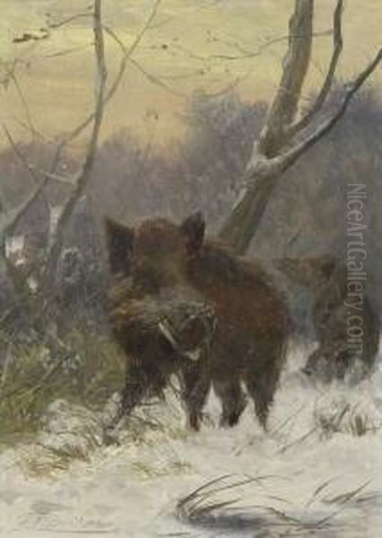 Wildschwein Im
 Winterwald. Oil Painting by Carl Friedrich Deiker