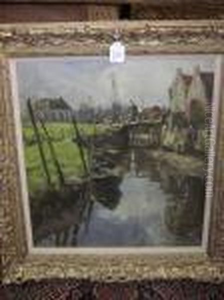 Dutch Canal Scene With A Figure, Boats And Buildings Oil Painting by Eugene Dekkert