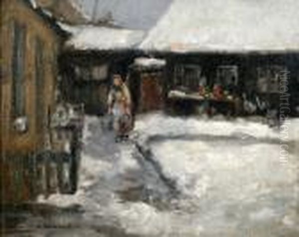 Snowscene With Woman Carrying Pails Oil Painting by Eugene Dekkert