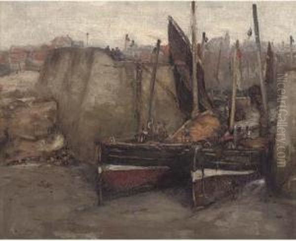 Fishing Trawlers In Dry Dock Oil Painting by Eugene Dekkert