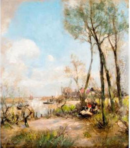 Children Beside The River Oil Painting by Eugene Dekkert