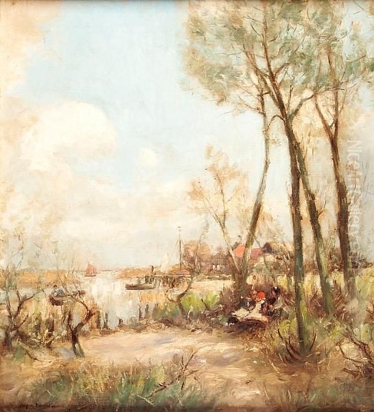 Children By A Harbour Oil Painting by Eugene Dekkert