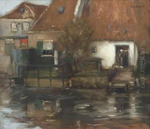 A Figure Outside A Cottage Before A River Oil Painting by Eugene Dekkert