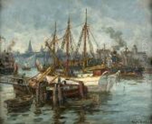 A Continental Harbour Oil Painting by Eugene Dekkert