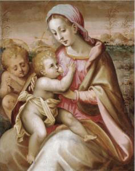 The Madonna Suckling The Christ 
Child With The Infant Saint John The Baptist In A Landscape Oil Painting by Francesco Brini Active Florence
