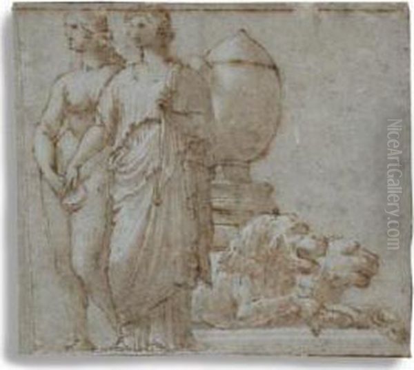 Classical Figures With Stone Lions Oil Painting by Perino Del Vaga (Pietro Bonaccors